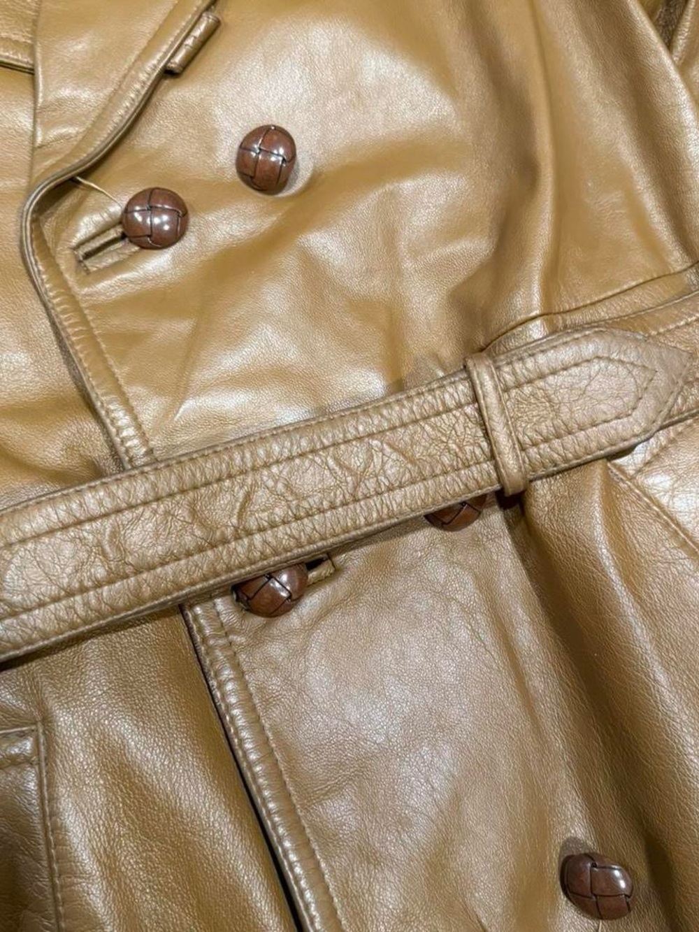 Vintage 70s Crown Leather Garment Double Breasted Leather Trench Coat - Picture 3 of 8